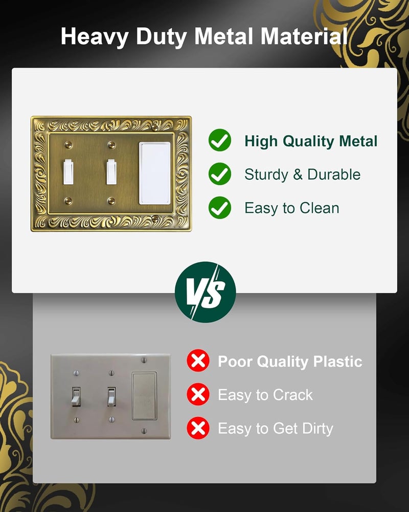 treewell 2-Pack Combo Double Toggle/Single Decorator Outlet Cover Plate, Paisley Pattern Decorative Switch Plates and Outlet Covers, 4 Gang Antique Brass Metal Wall Plates, Corrosion Resistant - Image 4